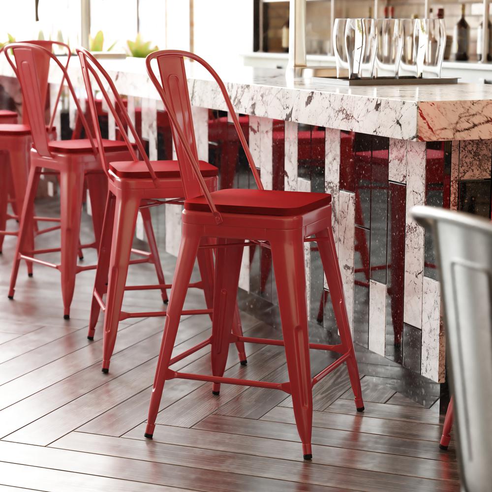 24" High Red Metal Indoor-Counter Height Stool with Removable Back. Picture 2