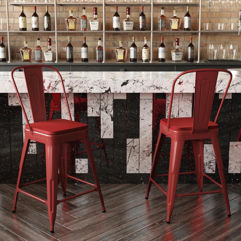 24" High Red Metal Indoor-Counter Height Stool with Removable Back. Picture 7