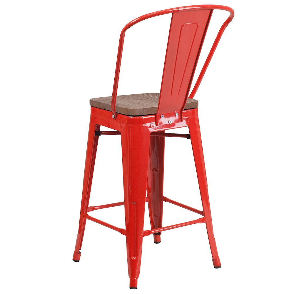24" High Red Metal Counter Height Stool with Back and Wood Seat. Picture 3