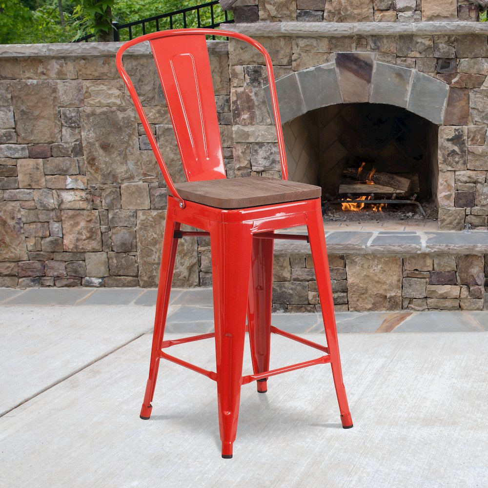 24" High Red Metal Counter Height Stool with Back and Wood Seat. Picture 5