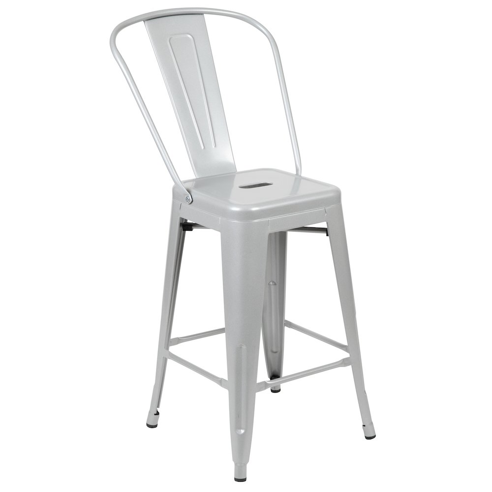 Commercial Grade 24" High Silver Metal Indoor-Outdoor Counter Height Stool with Removable Back. Picture 1