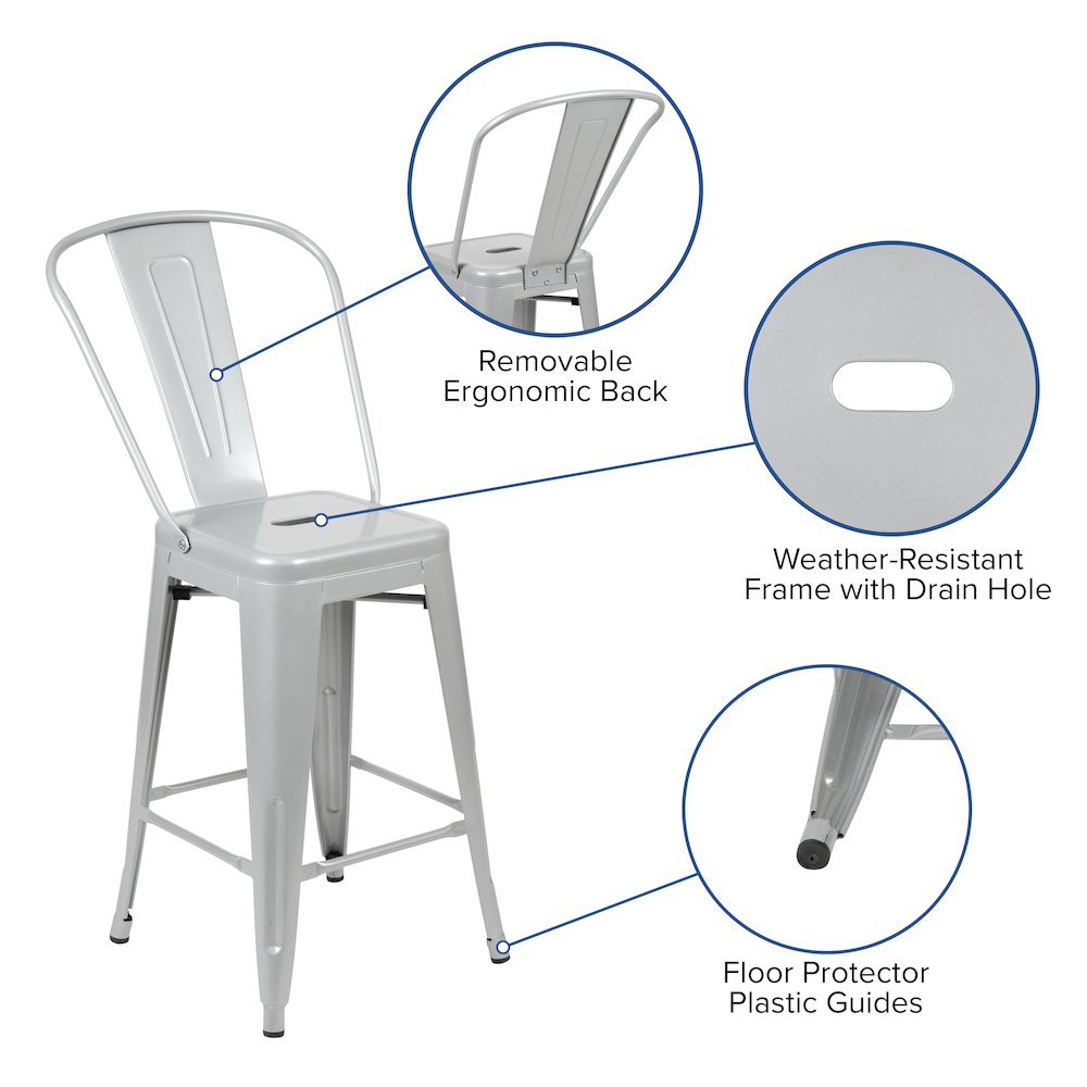 Commercial Grade 24" High Silver Metal Indoor-Outdoor Counter Height Stool with Removable Back. Picture 6