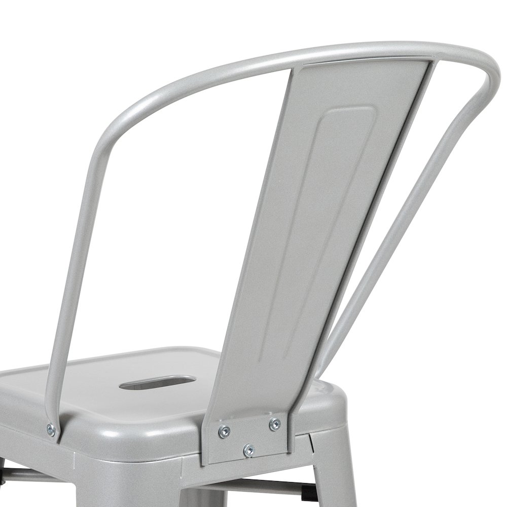 Commercial Grade 24" High Silver Metal Indoor-Outdoor Counter Height Stool with Removable Back. Picture 8