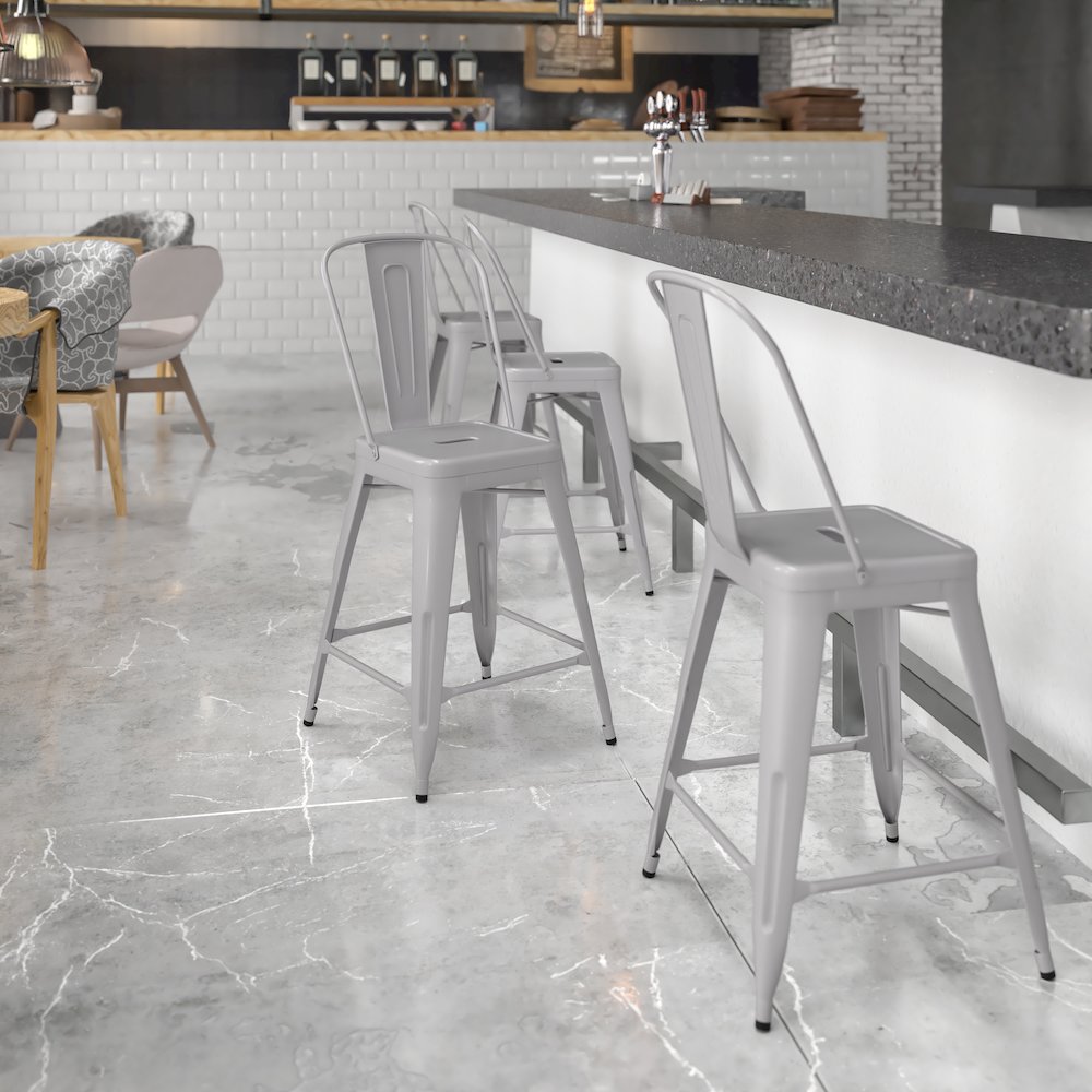 Commercial Grade 24" High Silver Metal Indoor-Outdoor Counter Height Stool with Removable Back. Picture 11