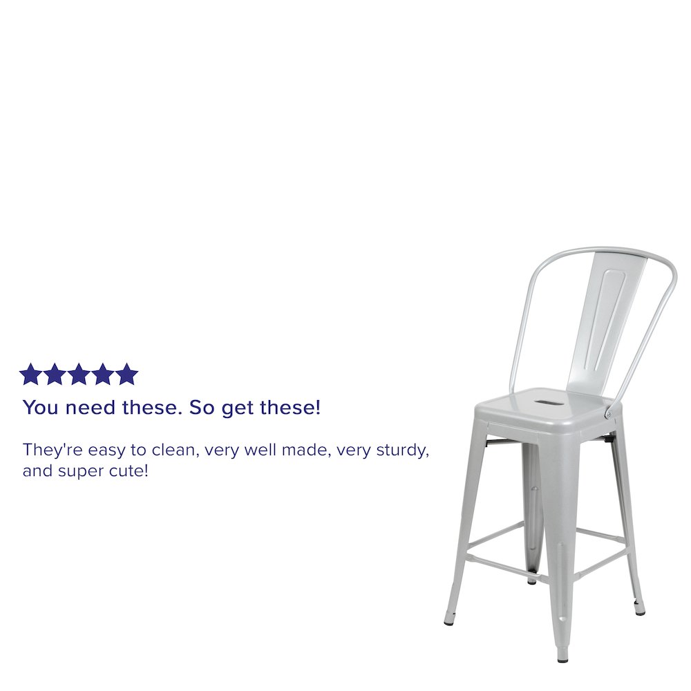 Commercial Grade 24" High Silver Metal Indoor-Outdoor Counter Height Stool with Removable Back. Picture 15