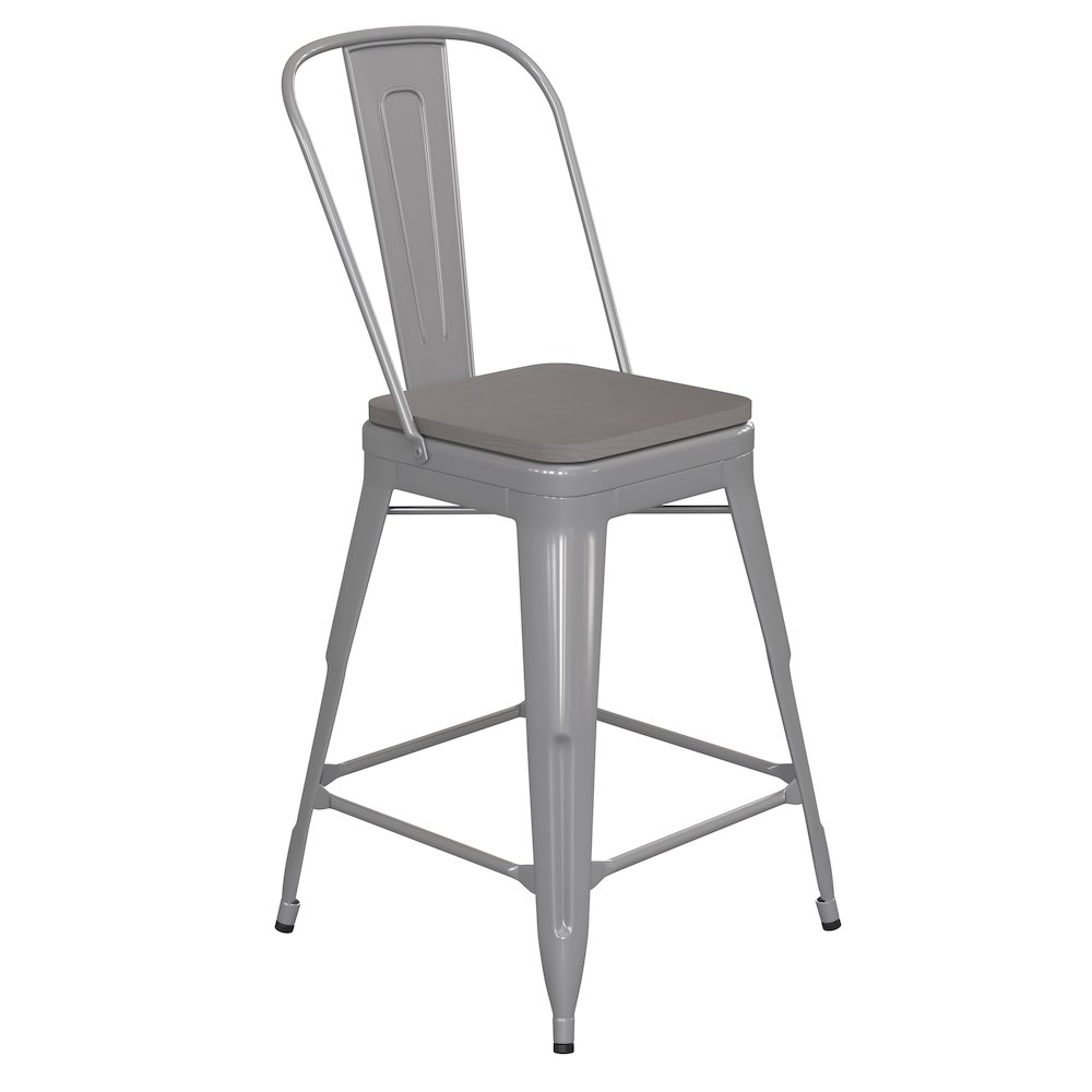 24" High Silver Metal Indoor-Counter Height Stool with Removable Back. Picture 1