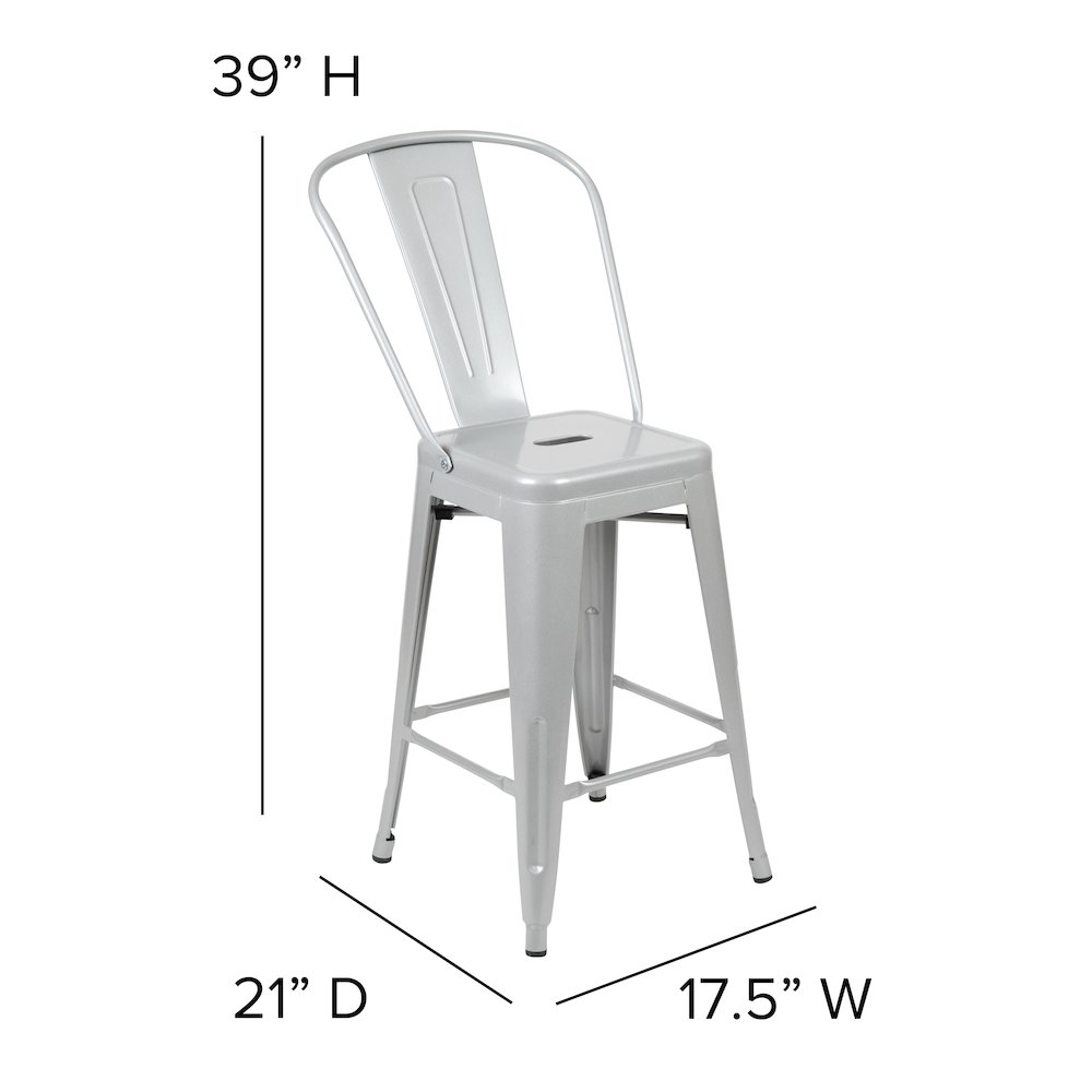 24" High Silver Metal Indoor-Counter Height Stool with Removable Back. Picture 5