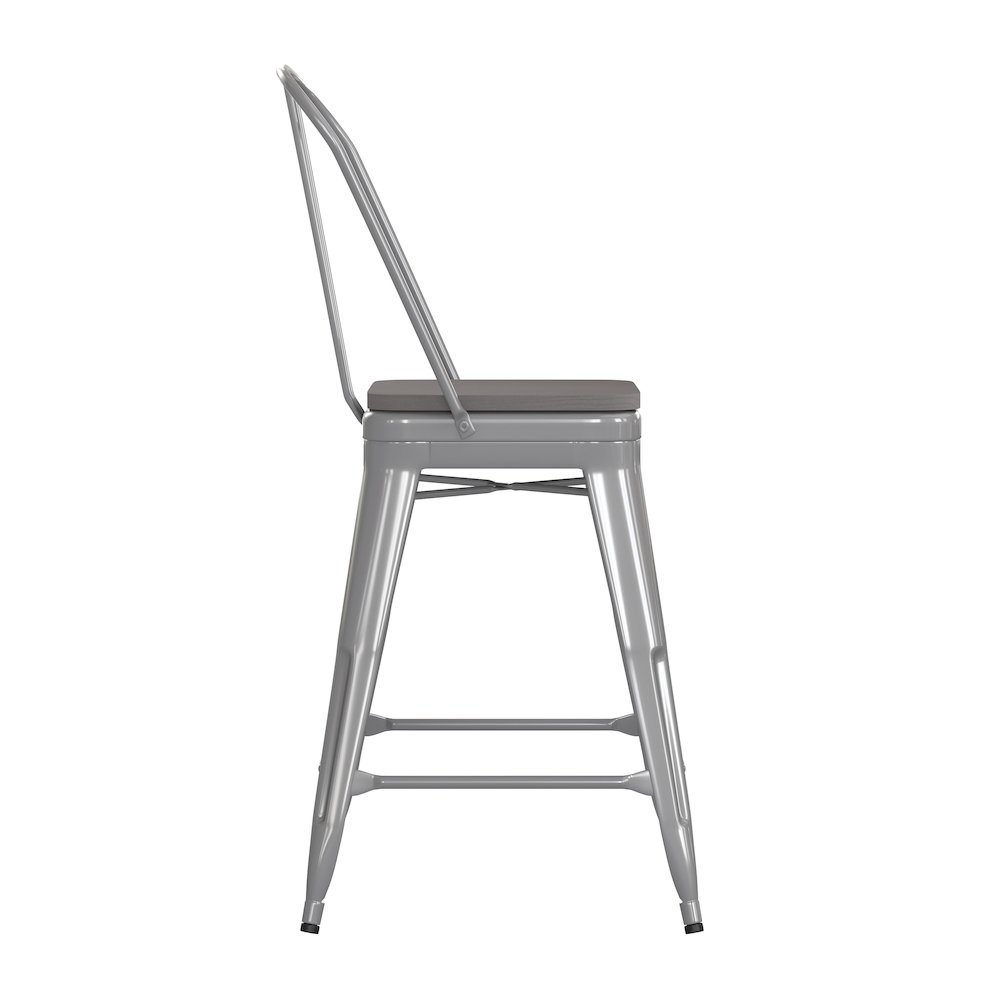 24" High Silver Metal Indoor-Counter Height Stool with Removable Back. Picture 10