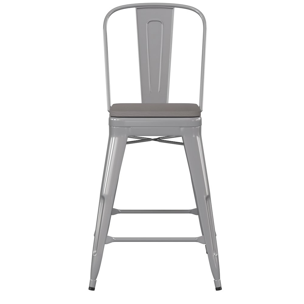 24" High Silver Metal Indoor-Counter Height Stool with Removable Back. Picture 11