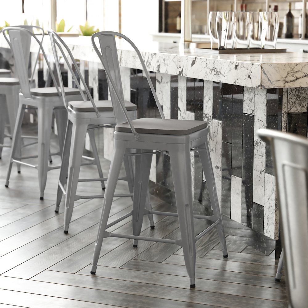 24" High Silver Metal Indoor-Counter Height Stool with Removable Back. Picture 2