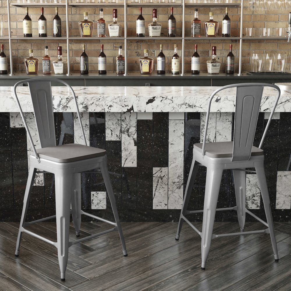 24" High Silver Metal Indoor-Counter Height Stool with Removable Back. Picture 7