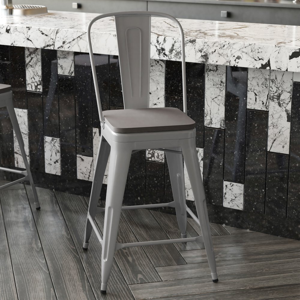 24" High Silver Metal Indoor-Counter Height Stool with Removable Back. Picture 8
