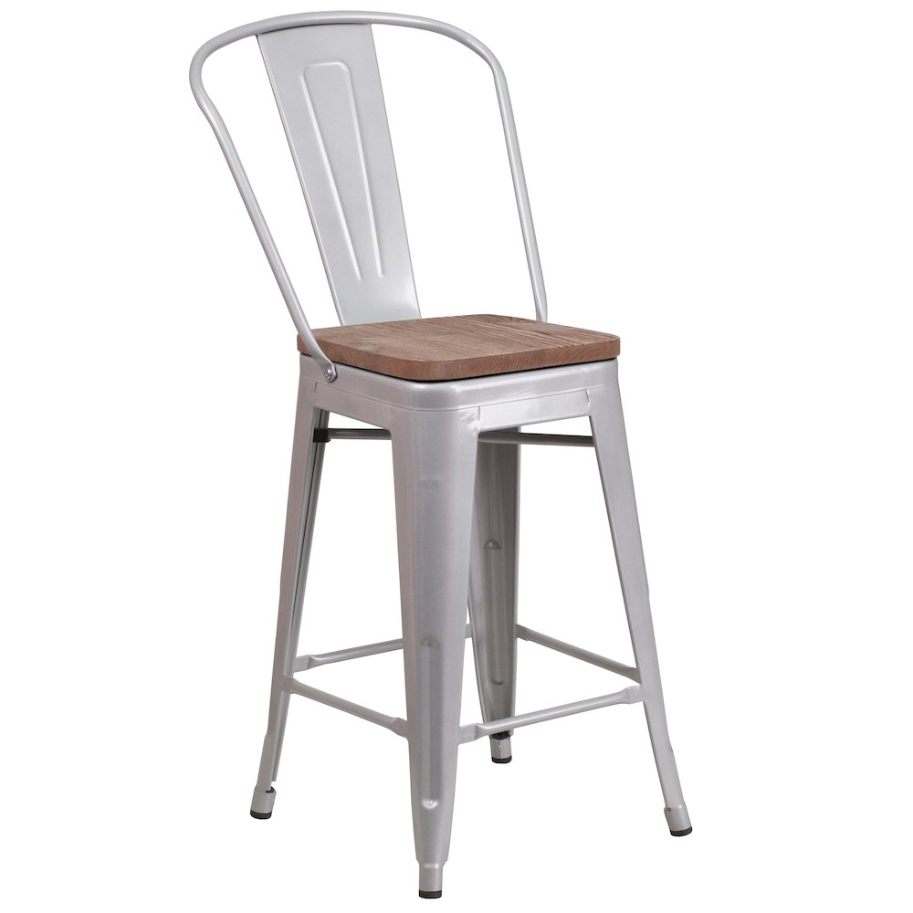 24" High Silver Metal Counter Height Stool with Back and Wood Seat. Picture 1
