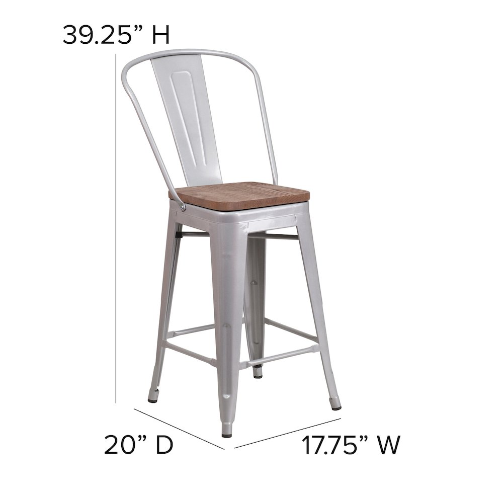 24" High Silver Metal Counter Height Stool with Back and Wood Seat. Picture 2