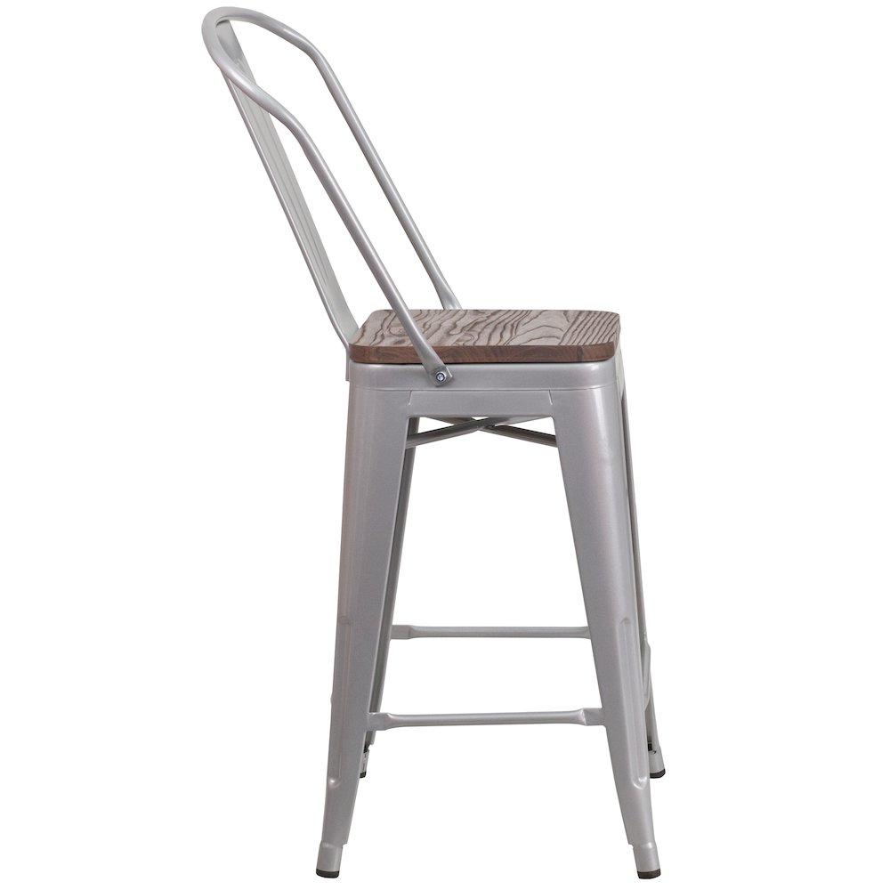 24" High Silver Metal Counter Height Stool with Back and Wood Seat. Picture 3