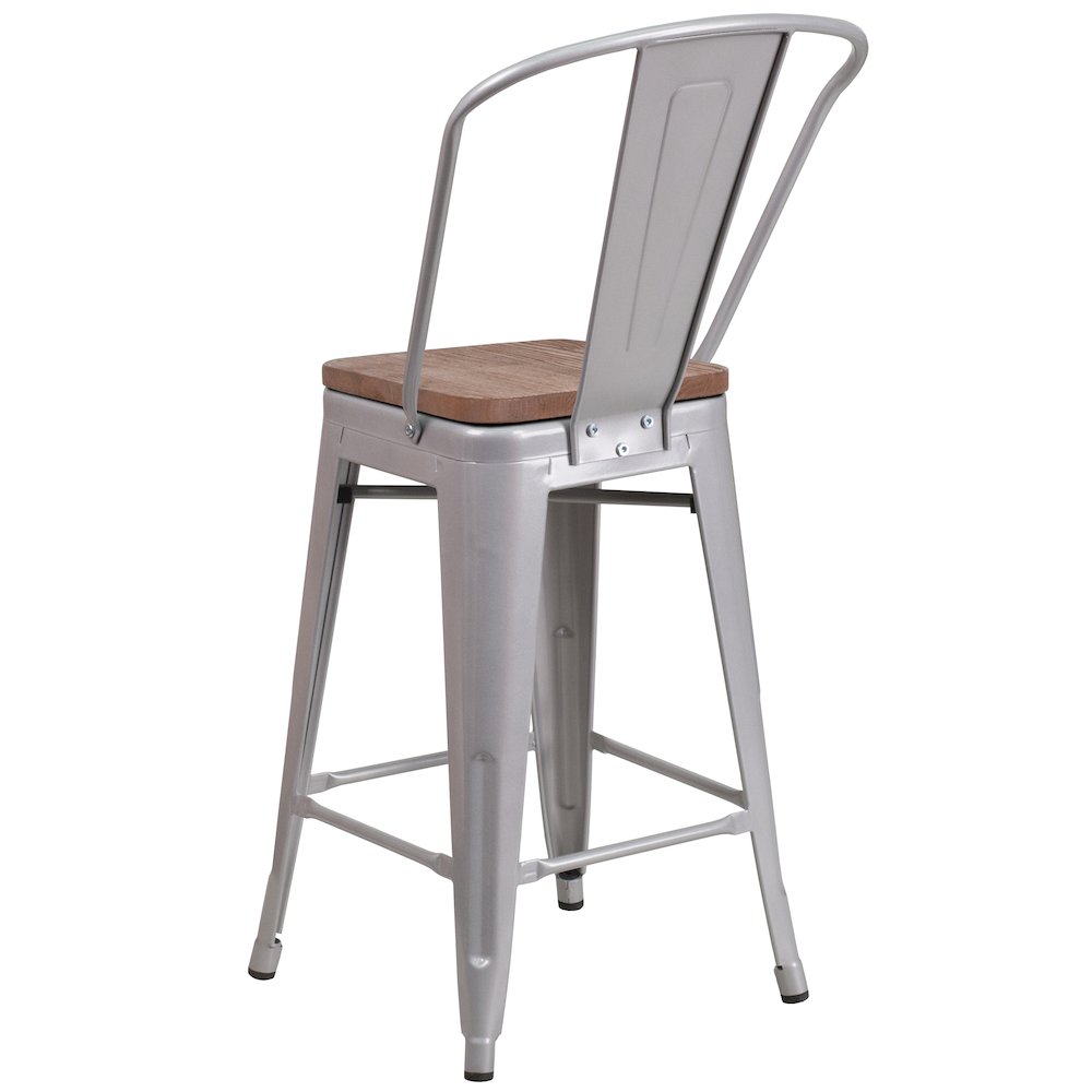 24" High Silver Metal Counter Height Stool with Back and Wood Seat. Picture 4