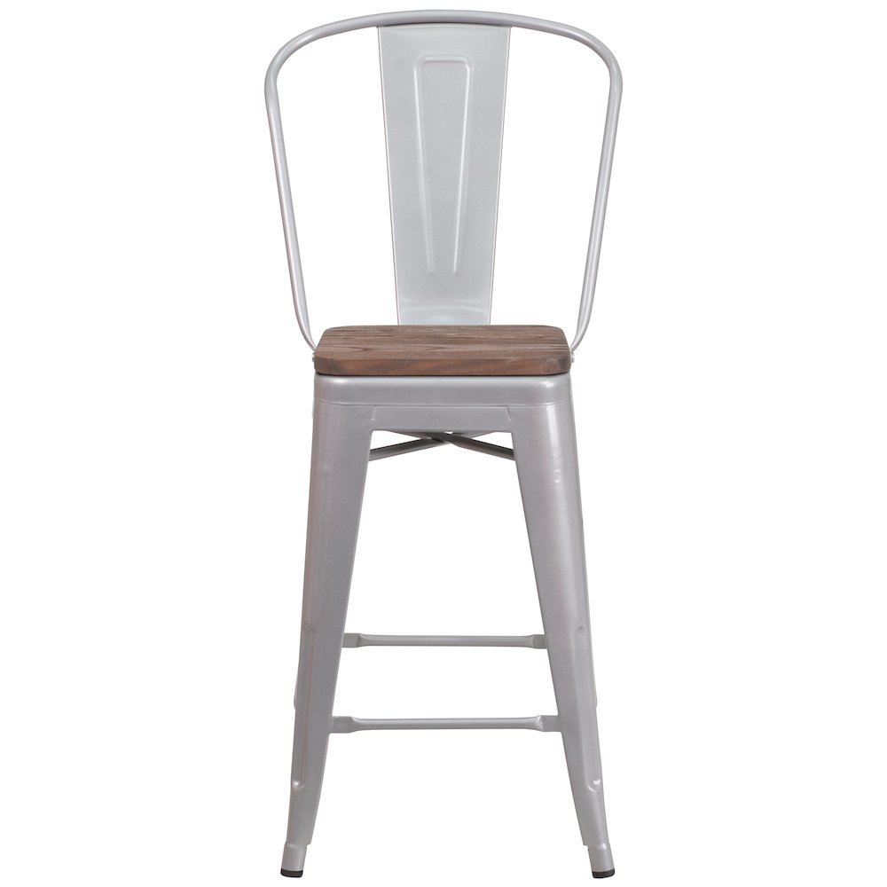 24" High Silver Metal Counter Height Stool with Back and Wood Seat. Picture 5