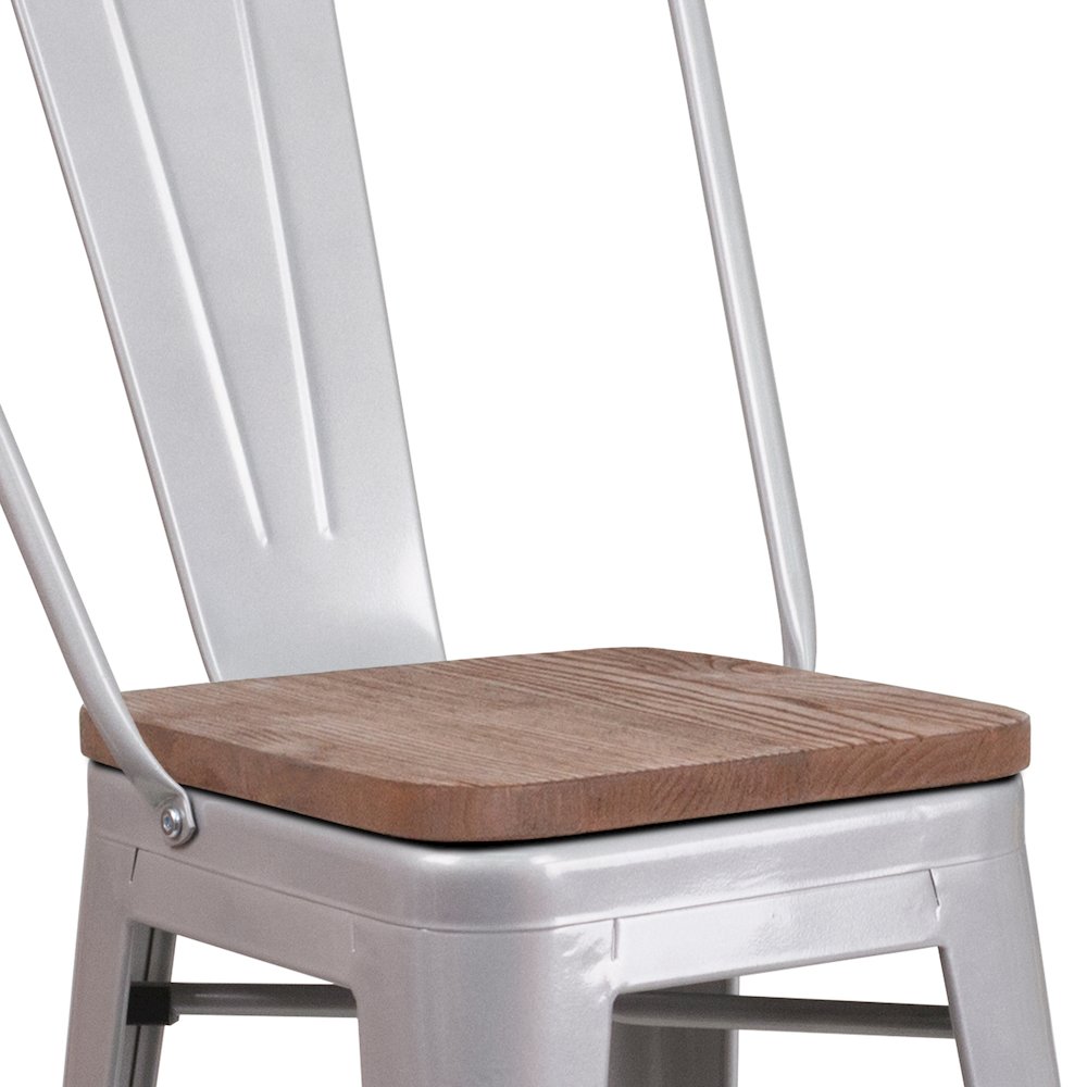 24" High Silver Metal Counter Height Stool with Back and Wood Seat. Picture 7