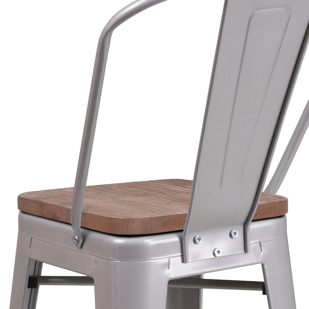 24" High Silver Metal Counter Height Stool with Back and Wood Seat. Picture 10