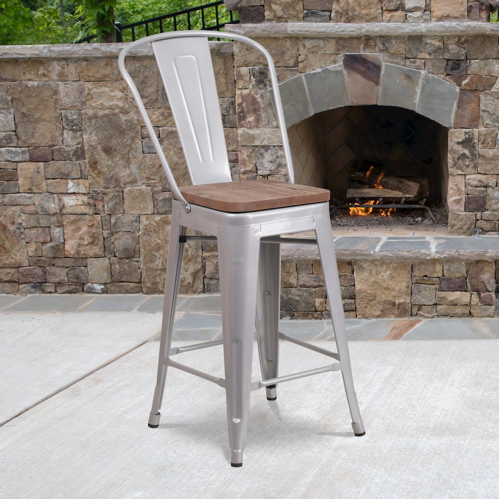 24" High Silver Metal Counter Height Stool with Back and Wood Seat. Picture 6