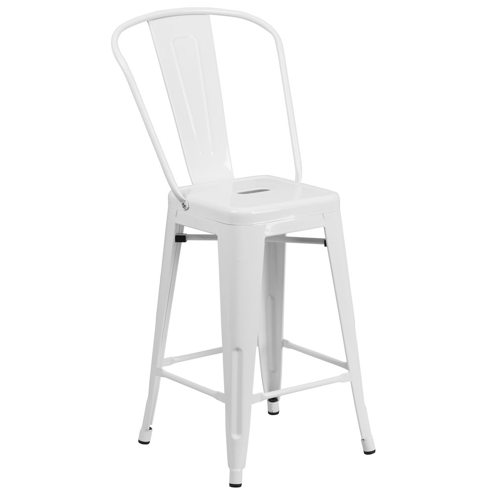 24" High White Metal Indoor-Outdoor Counter Height Stool with Removable Back. Picture 1