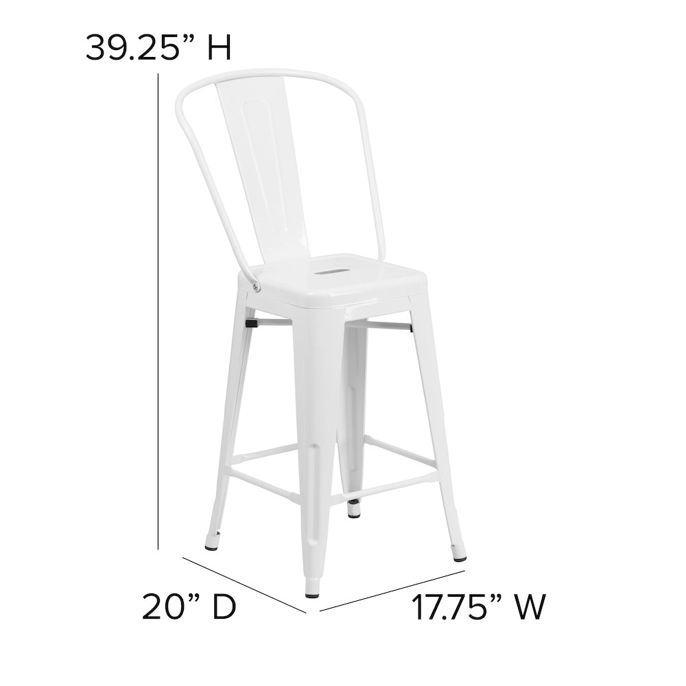 24" High White Metal Indoor-Outdoor Counter Height Stool with Removable Back. Picture 6