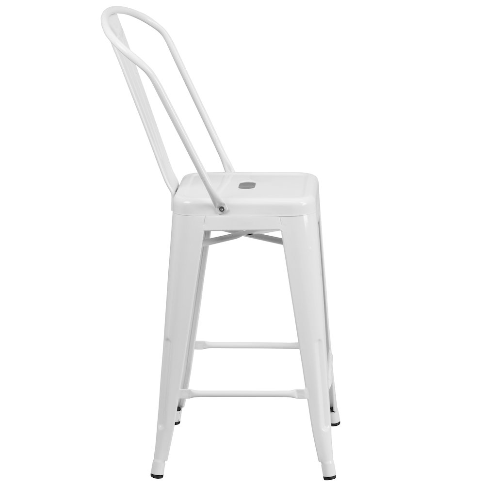 24" High White Metal Indoor-Outdoor Counter Height Stool with Removable Back. Picture 9