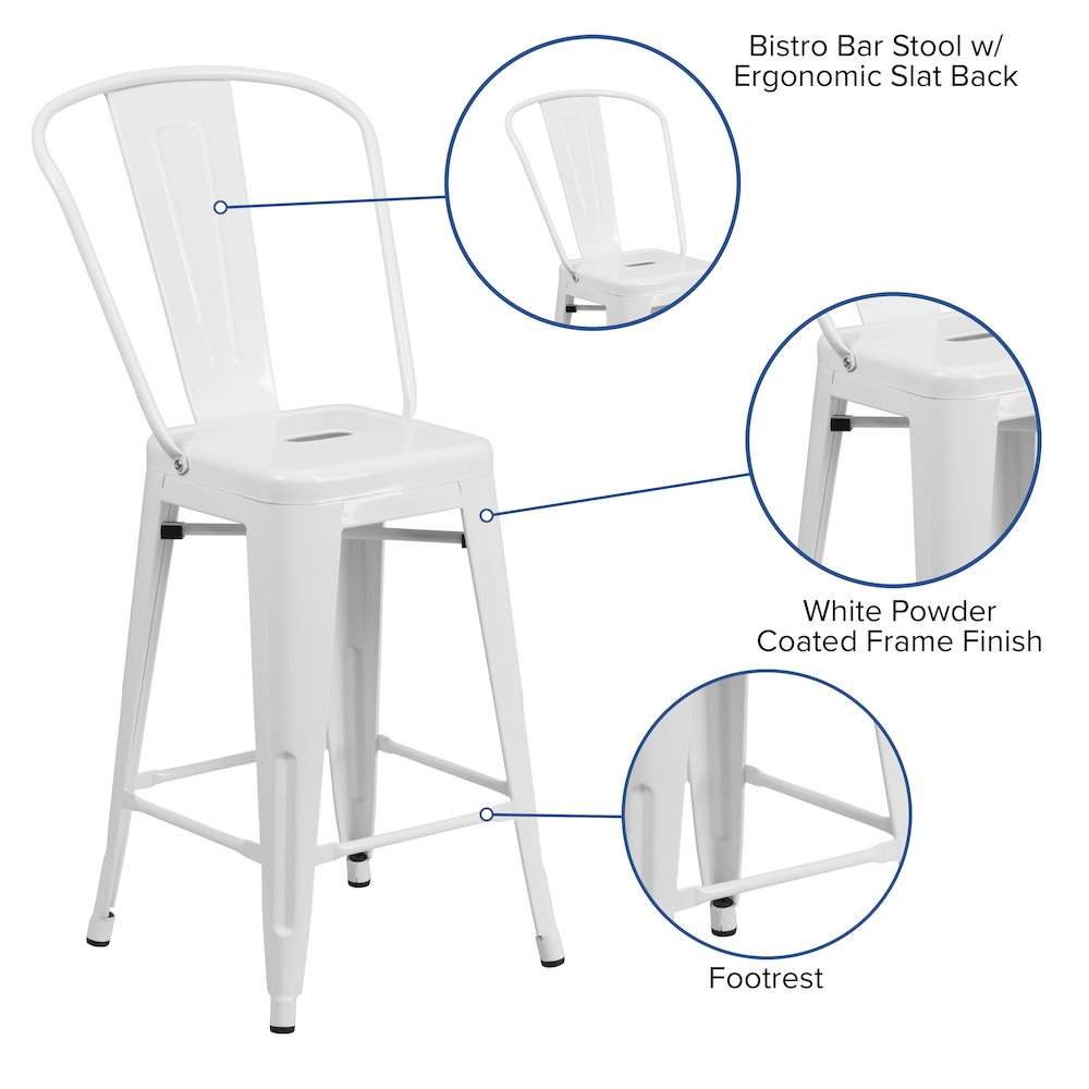24" High White Metal Indoor-Outdoor Counter Height Stool with Removable Back. Picture 5