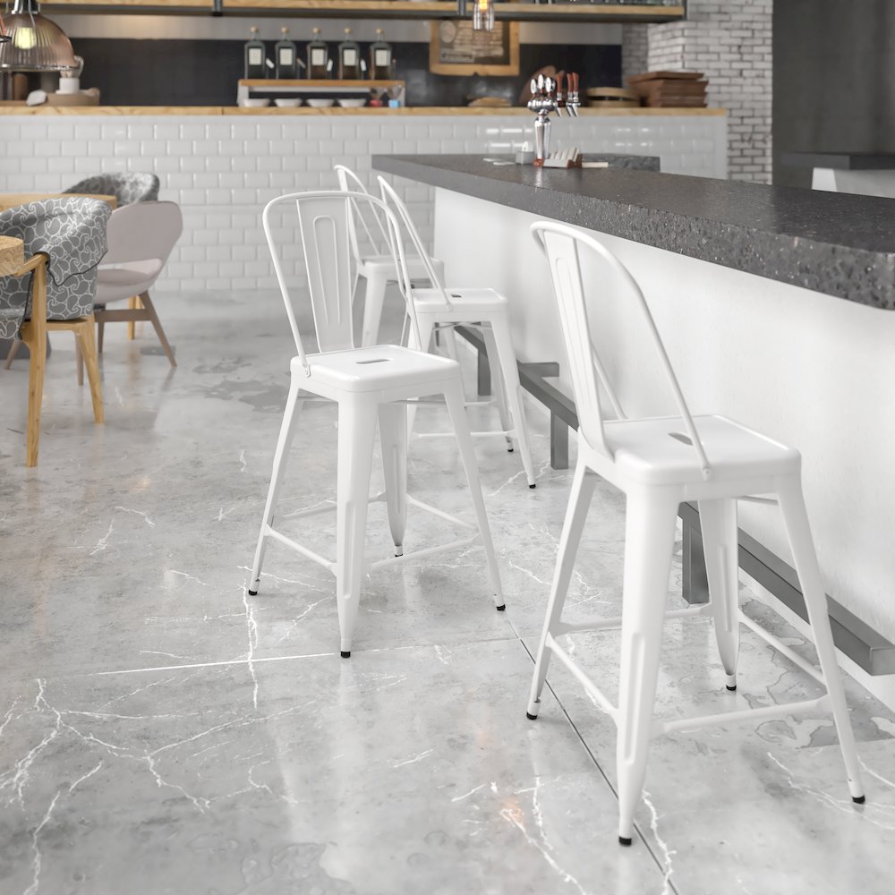 24" High White Metal Indoor-Outdoor Counter Height Stool with Removable Back. Picture 2
