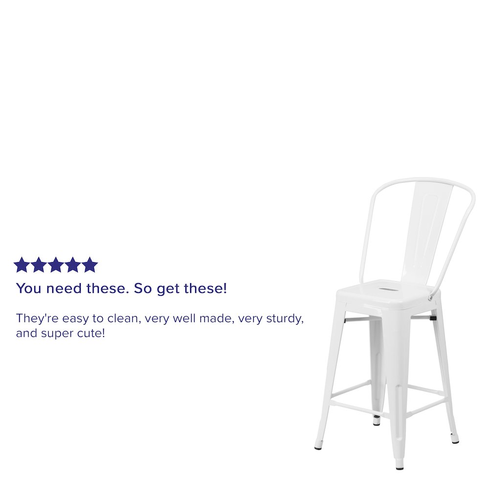 24" High White Metal Indoor-Outdoor Counter Height Stool with Removable Back. Picture 4