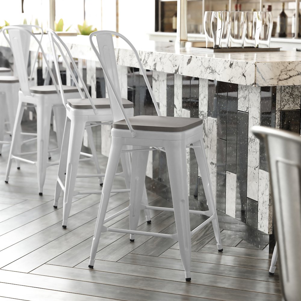 24" High White Metal Indoor-Counter Height Stool with Removable Back. Picture 2