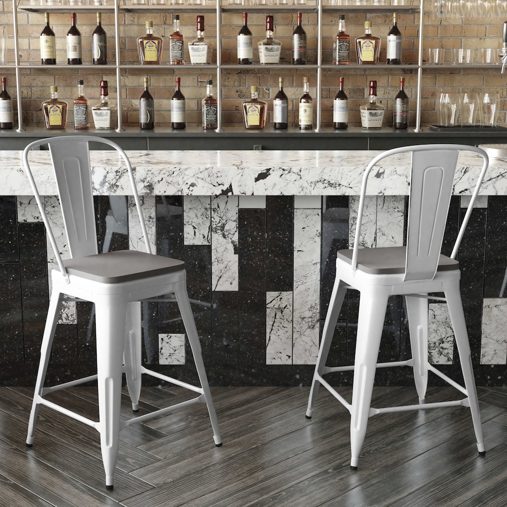 24" High White Metal Indoor-Counter Height Stool with Removable Back. Picture 7