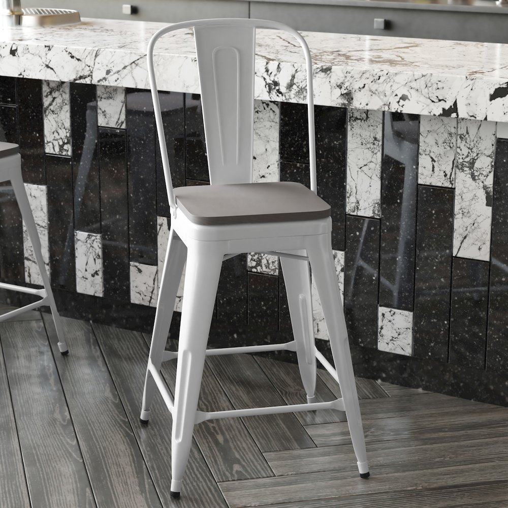 24" High White Metal Indoor-Counter Height Stool with Removable Back. Picture 8