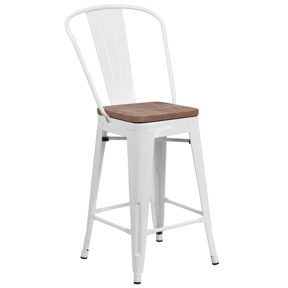 24" High White Metal Counter Height Stool with Back and Wood Seat. Picture 1