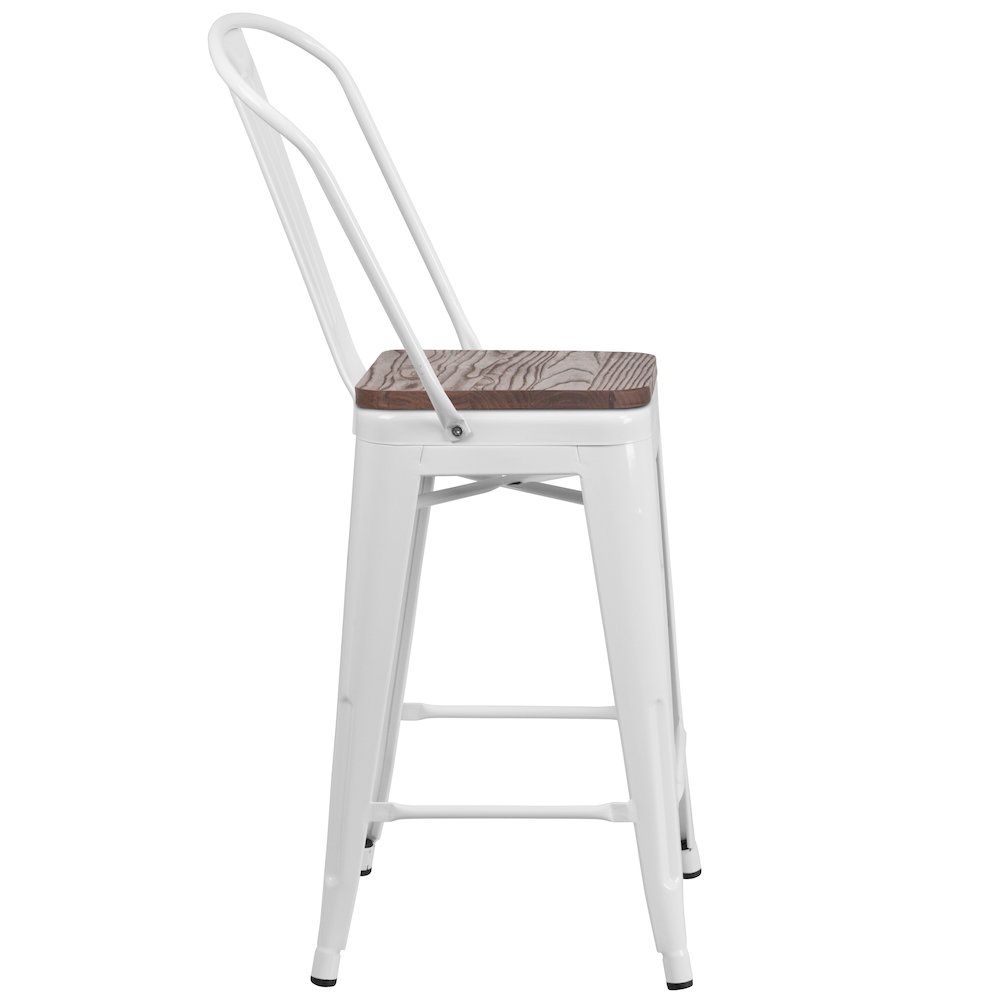 24" High White Metal Counter Height Stool with Back and Wood Seat. Picture 3