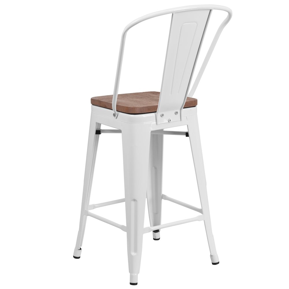 24" High White Metal Counter Height Stool with Back and Wood Seat. Picture 4