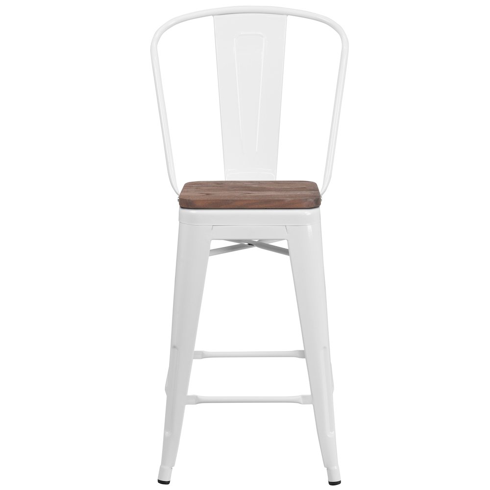 24" High White Metal Counter Height Stool with Back and Wood Seat. Picture 5