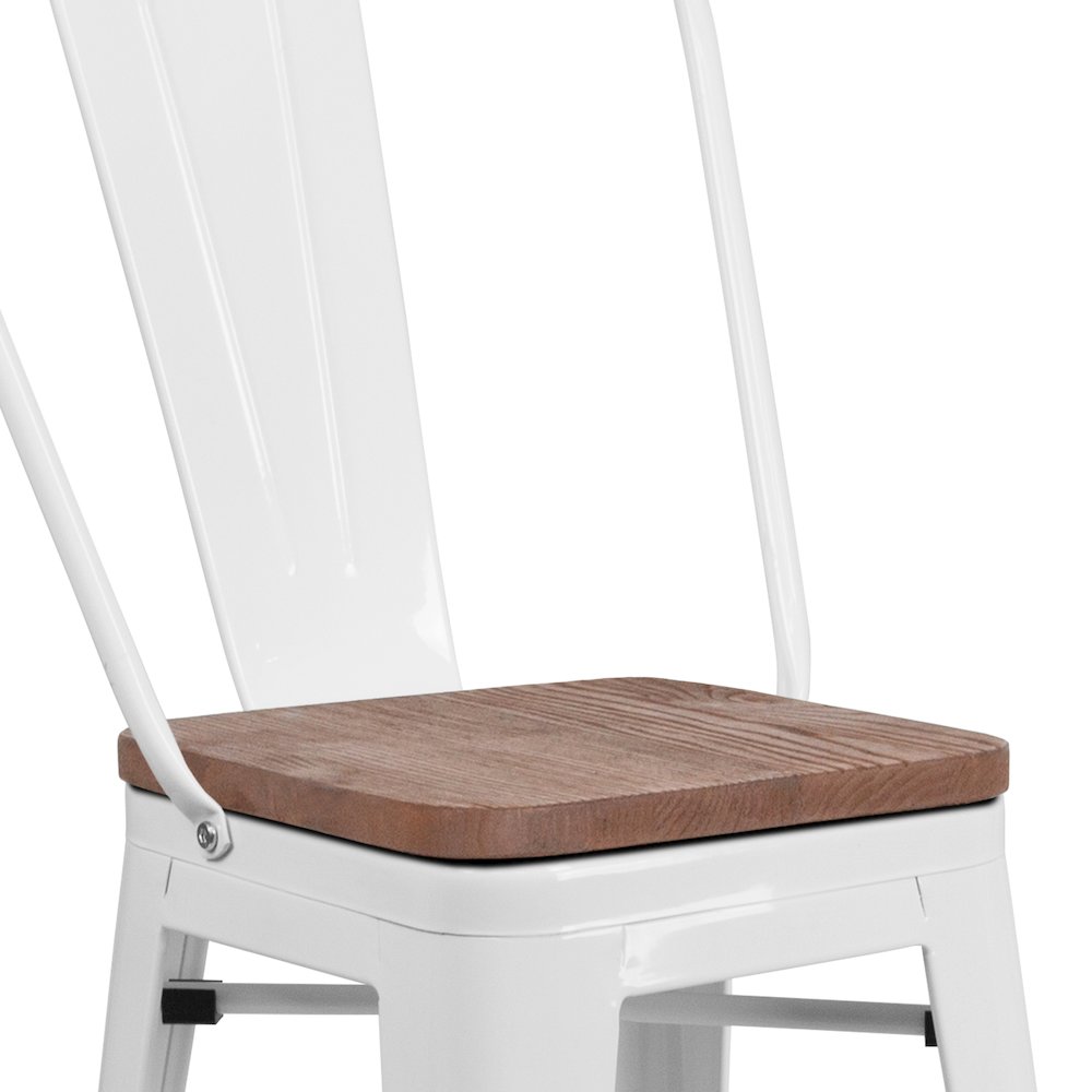 24" High White Metal Counter Height Stool with Back and Wood Seat. Picture 7