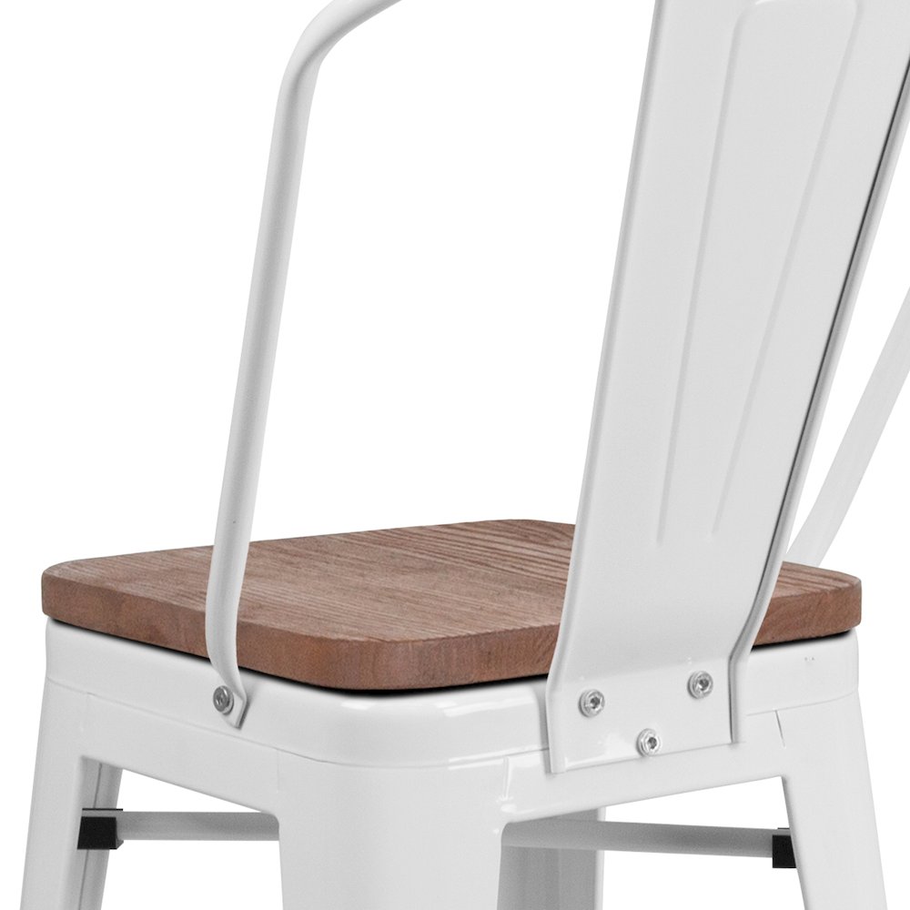 24" High White Metal Counter Height Stool with Back and Wood Seat. Picture 10