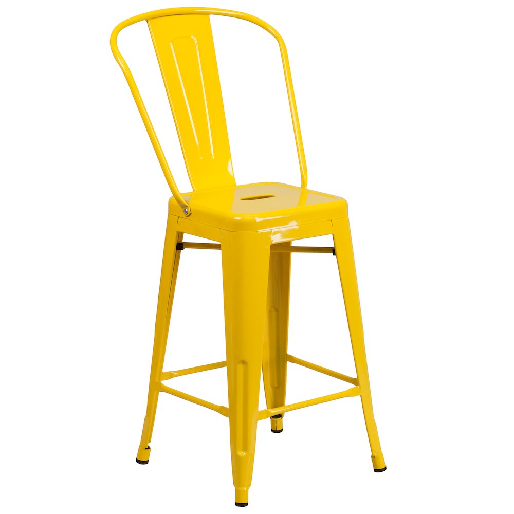 Commercial Grade 24" High Yellow Metal Indoor-Outdoor Counter Height Stool with Removable Back. Picture 1