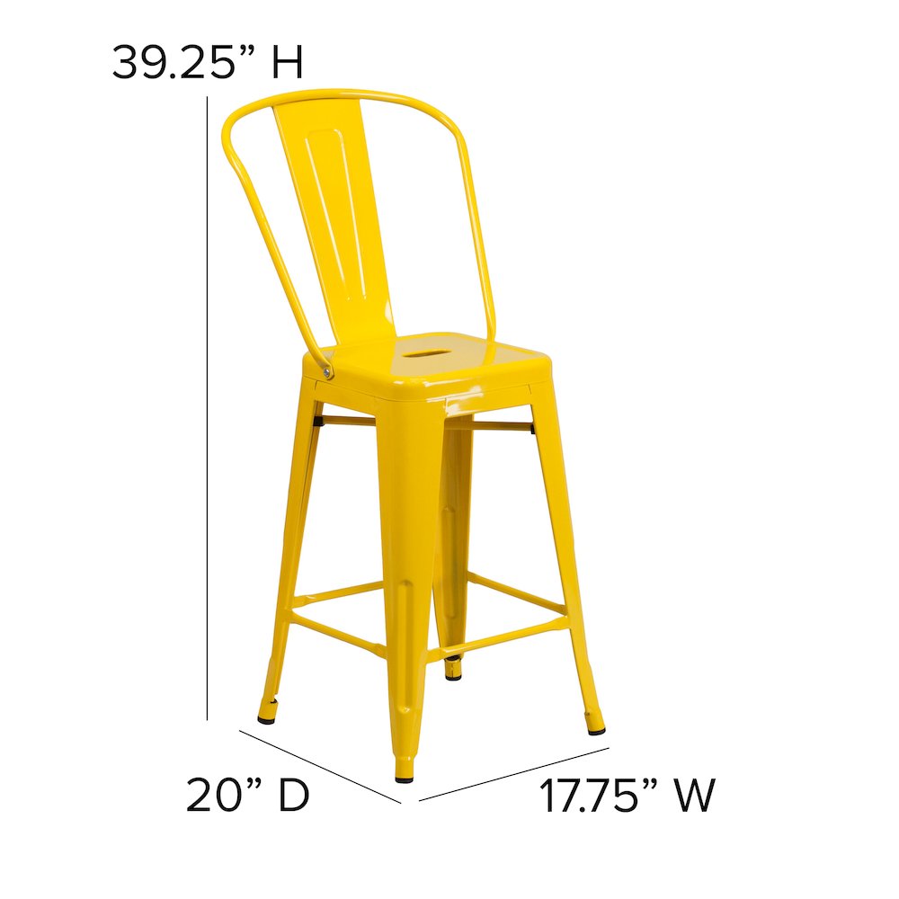 Commercial Grade 24" High Yellow Metal Indoor-Outdoor Counter Height Stool with Removable Back. Picture 2