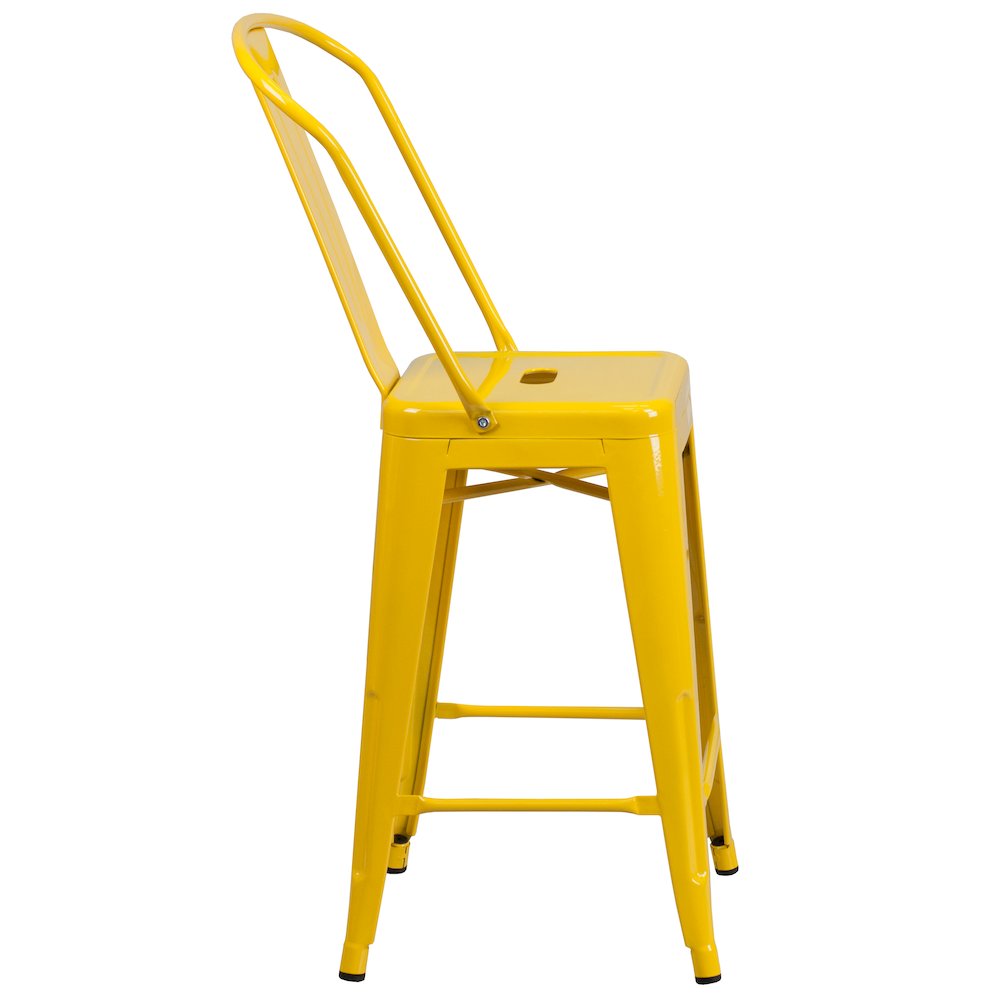 Commercial Grade 24" High Yellow Metal Indoor-Outdoor Counter Height Stool with Removable Back. Picture 3