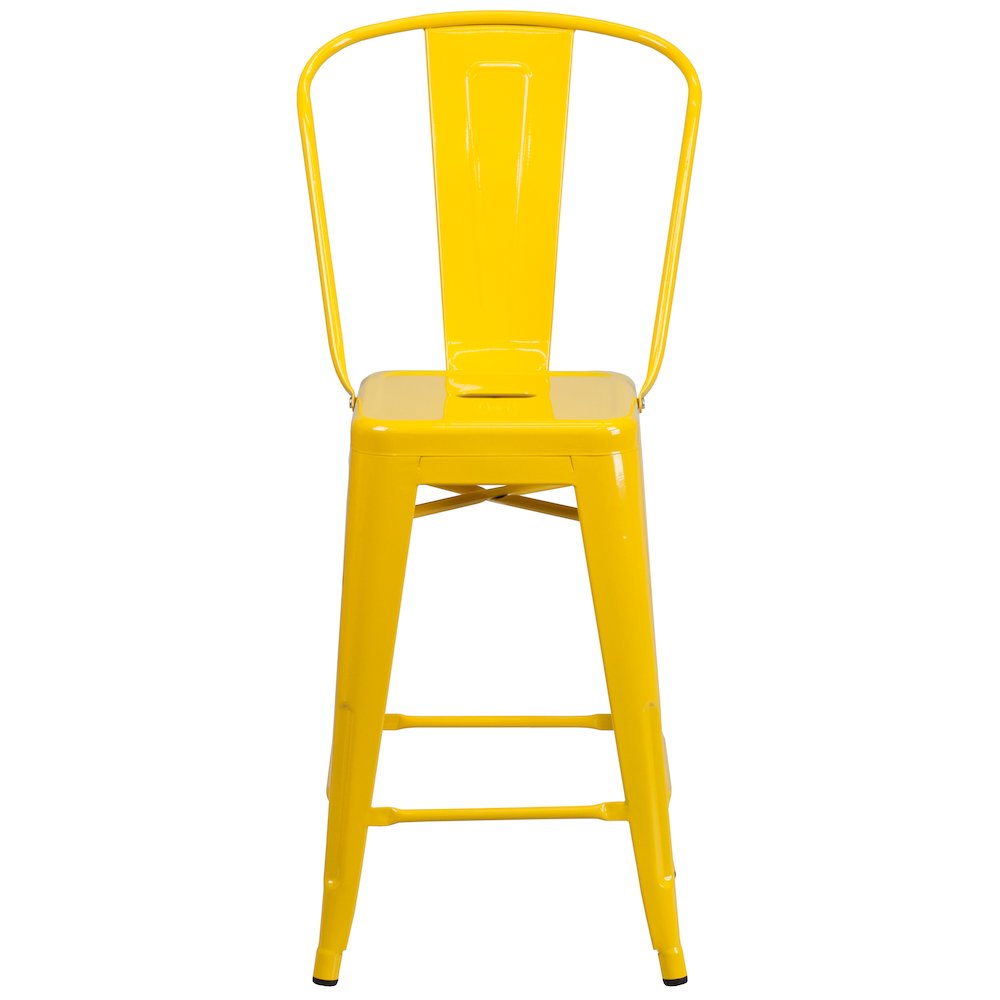Commercial Grade 24" High Yellow Metal Indoor-Outdoor Counter Height Stool with Removable Back. Picture 5
