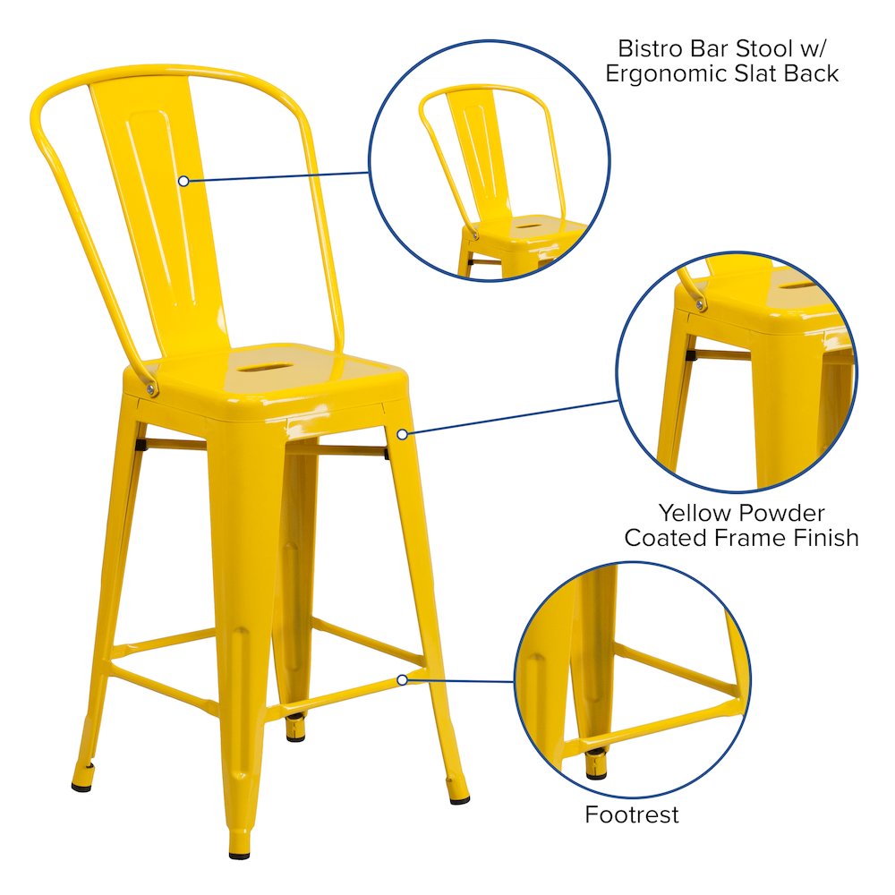 24" High Yellow Metal Indoor-Outdoor Counter Height Stool with Removable Back. Picture 5