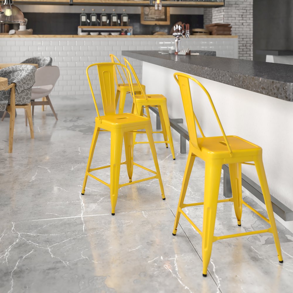 Commercial Grade 24" High Yellow Metal Indoor-Outdoor Counter Height Stool with Removable Back. Picture 6