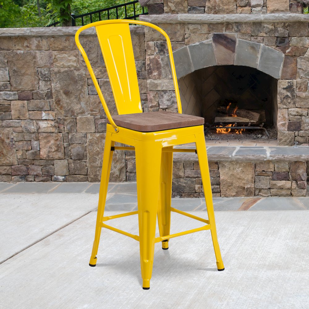 24" High Yellow Metal Counter Height Stool with Back and Wood Seat. Picture 5