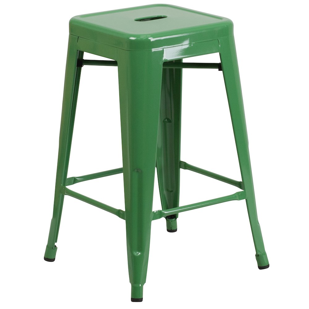 24" High Backless Green Metal Indoor-Outdoor Counter Height Stool with Seat. Picture 1