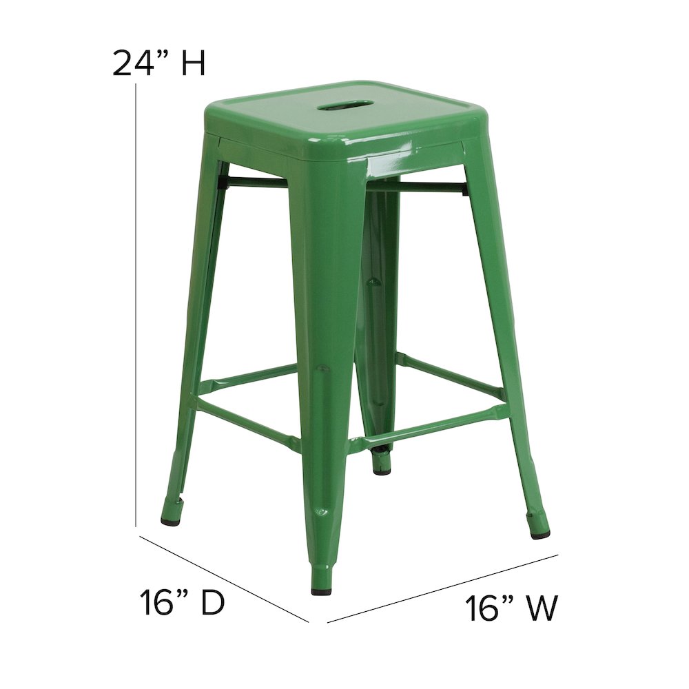 24" High Backless Green Metal Indoor-Outdoor Counter Height Stool with Seat. Picture 6