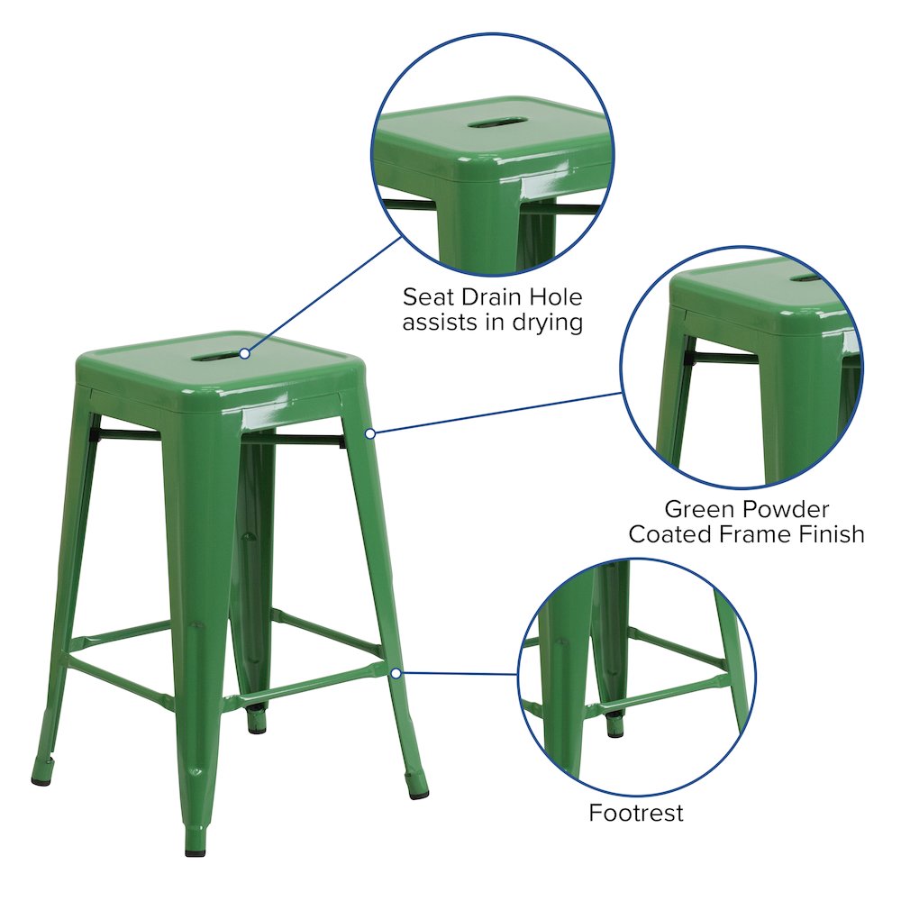 24" High Backless Green Metal Indoor-Outdoor Counter Height Stool with Seat. Picture 5