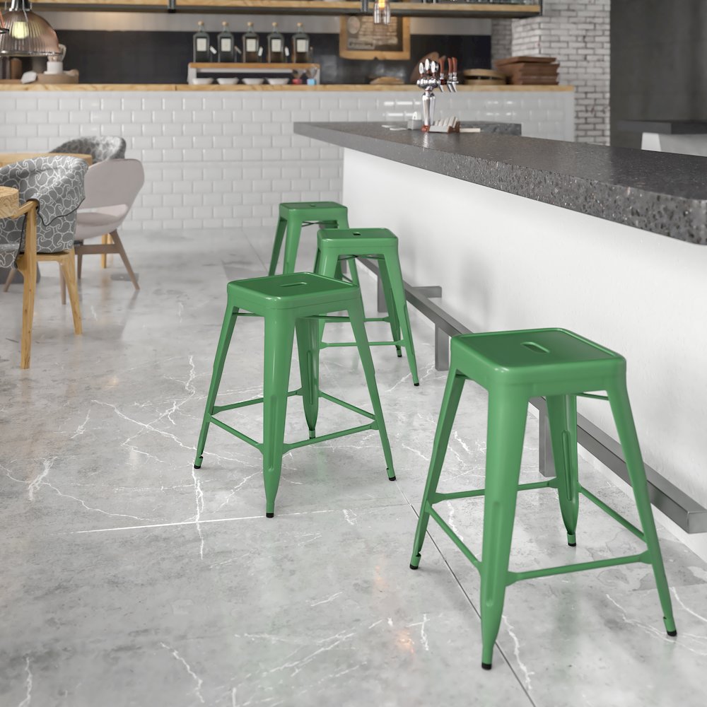 24" High Backless Green Metal Indoor-Outdoor Counter Height Stool with Seat. Picture 2